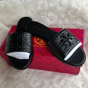 Tory Burch Black Croc-Embossed Sandals